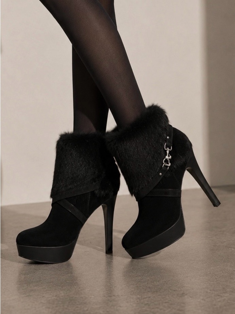 COACH black suede and fur booties with platform heel- Size 8 - Picture 13 of 14